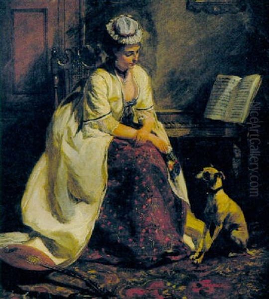 A Woman In An Interior With Her Dog Oil Painting by John Seymour Lucas