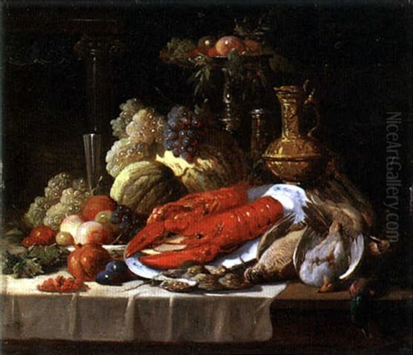 Still Life With Lobster, Oysters, Fruit And Fowl On A Draped Table Oil Painting by John Seymour Lucas