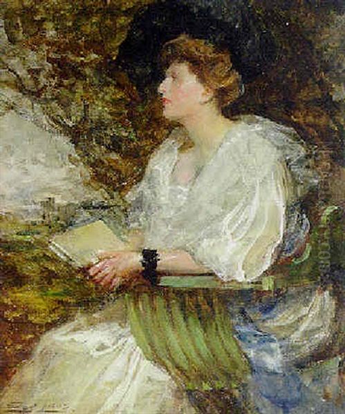 Portrait Of A Lady, Seated, In A White Dress, A Garden Beyond Oil Painting by John Seymour Lucas