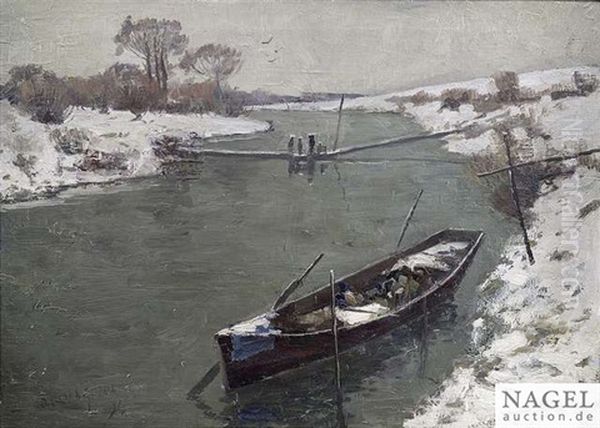 Wintry River Landscape Oil Painting by Wilhelm (Willy) Lucas