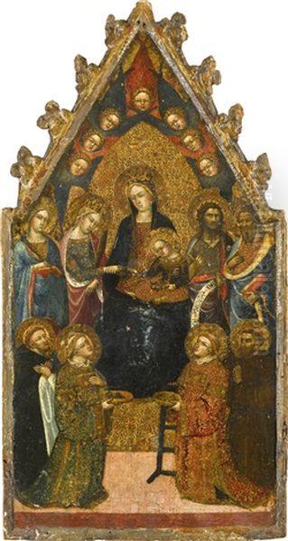 The Madonna And Child Enthroned, Flanked By Saints, With The Mystic Marriage Of Saint Catherine Oil Painting by Gregorio di Cecco da Lucca