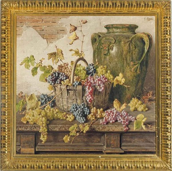 A Basket Of Grapes By An Amphor On A Wooden Table Oil Painting by Giorgio Lucchesi