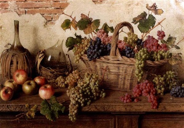 Still Life With Basket Of Grapes, Apples And Bottles On A Ledge Oil Painting by Giorgio Lucchesi