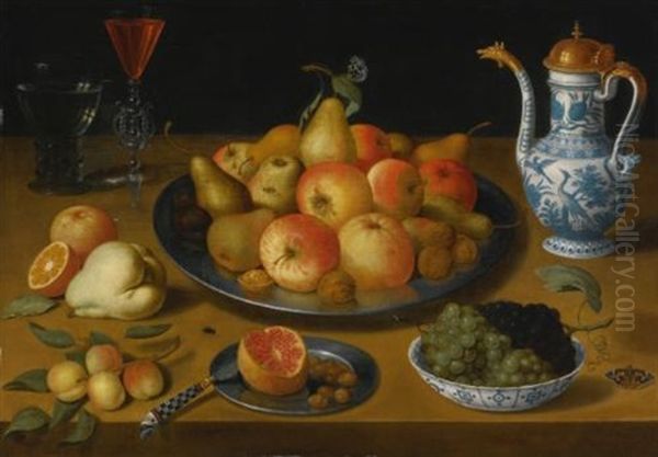 Still Life Of Pears And Apples On A Pewter Plate, A Bowl Of Grapes In A Blue And White Porcelain Bowl, A Roemer, A Facon-de-venise Wine Glass, A Covered Blue And White Porcelain Pitcher And Other Objects, All On A Table Oil Painting by Lucas Luce