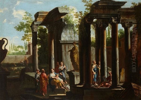 Personnages Pres D'une Fontaine Dans Un Palais Architecture (+ Personnages Pres D'une Statue Dans Un Palais Architecture; Pair) Oil Painting by Ascanio Luciani