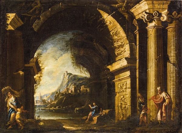 A Pair Of Architectural Capricci With Scenes From The Old Testament Oil Painting by Ascanio Luciani