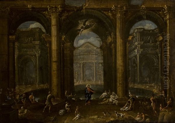 Capriccio Architettonico Con La Probatica Piscina (capriccio With The Probatic Pool)(+ Another; Pair) Oil Painting by Ascanio Luciani