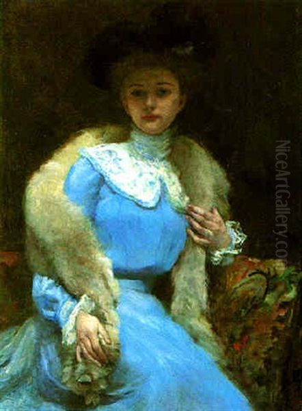 An Elegant Lady Seated Wearing A Fur Stole Oil Painting by Simon Lucien