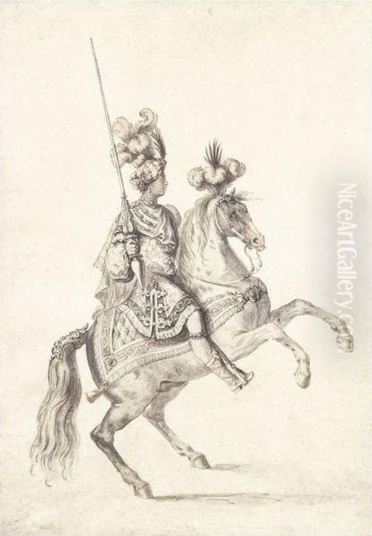 Costume Design For The Carrousel Des Galants Maures: A Turbannedyouth On A Prancing Horse Oil Painting by Jean I Berain