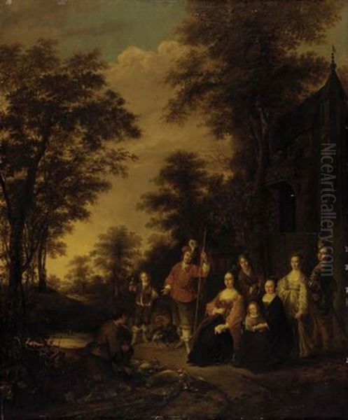 An Elegant Family In A Wooded Landscape Oil Painting by Gerrit Ludens