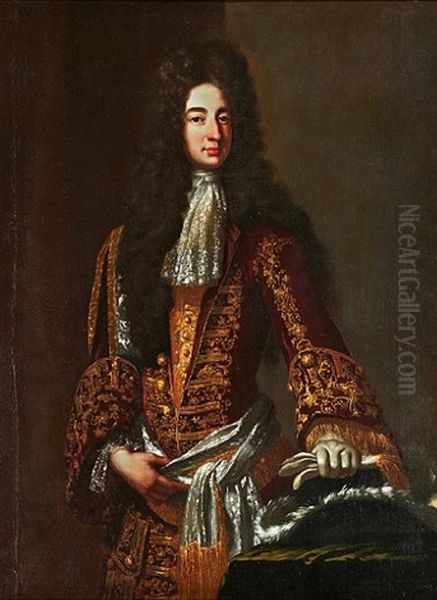 A Portrait Of A Gentleman Wearing An Elaborate Embroidered Coat Oil Painting by David Lueders