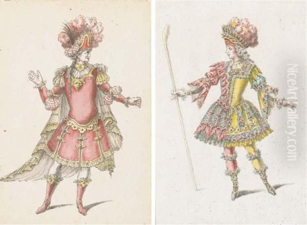 Projets De Costume De Theatre: Une Figure Tournee A Droite Portantun Chapeau A Plume; Et Une Figure Tournee A Gauche Tenant Unbaton Oil Painting by Jean I Berain