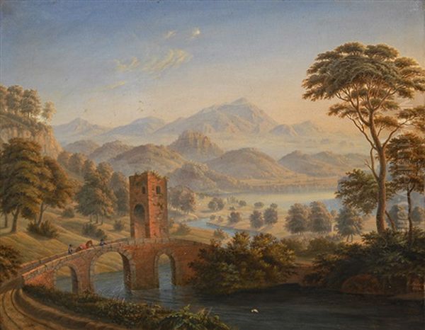 Alpine Landscape With Defence Tower On A Bridge Oil Painting by Christian Wilhelm Luedert