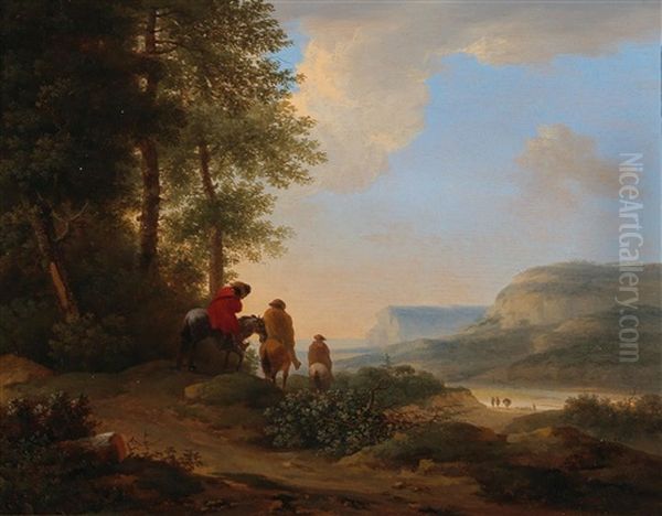 A Campagna Landscape With Three Horsemen Oil Painting by Lodewyck van Ludick