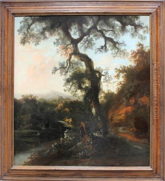 Italienische Landschaft Mit Figurenstaffage An Flusslauf Oil Painting by Lodewyck van Ludick