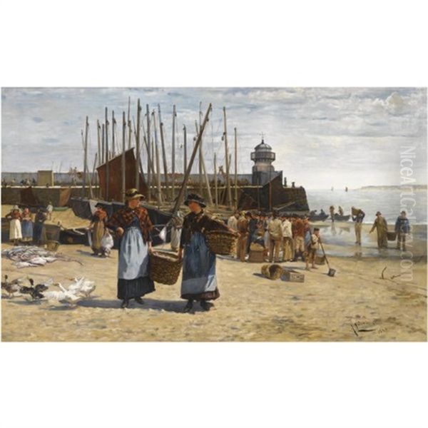 A Fish Sale On A Cornish Beach Oil Painting by Albert Ludovici Jr.