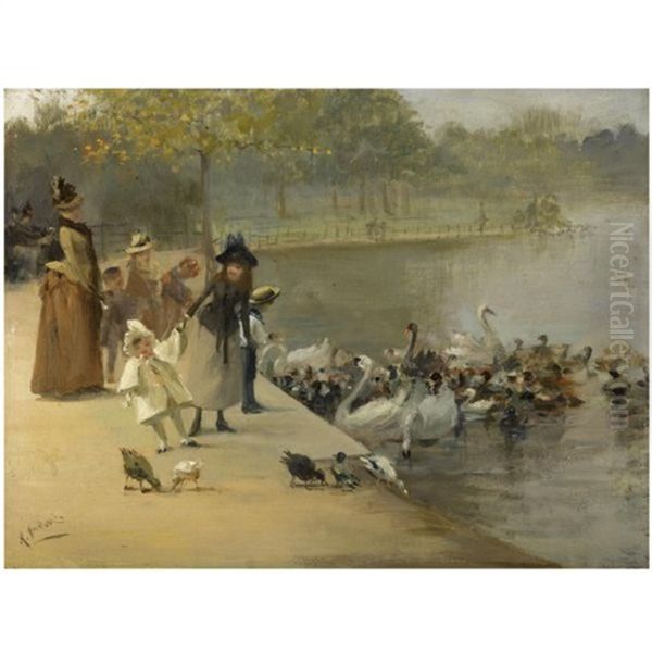 Feeding The Birds, Hyde Park Oil Painting by Albert Ludovici Jr.