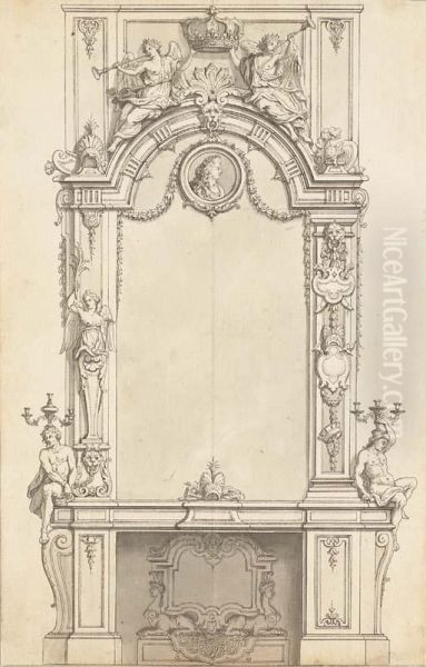 A Design For A Fireplace Below A Mirror Decorated With A Medallionof King Louis Xiv And Two Allegories Of Fortune Holding The Royalcrown Over Two Trophies; The Mirror Flanked With Alternativedesigns Of Candelabra Held By Nudes, The Sides With Trophies And Oil Painting by Jean I Berain