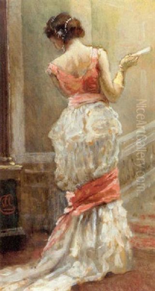 Portrait Of A Lady In A White Dress, Holding A Fan, By A Staircase Oil Painting by Albert Ludovici Jr.