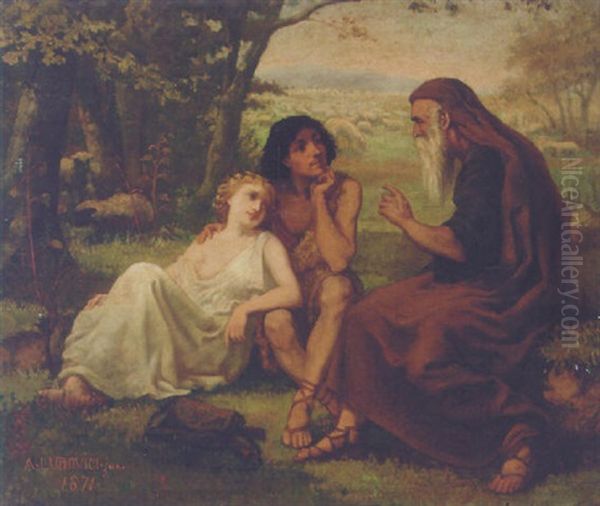 Shepherds Conversing With An Old Man Oil Painting by Albert Ludovici Jr.