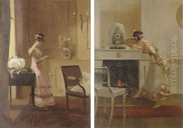 Ready For The Ball (+ At The Fireside; Pair) Oil Painting by Albert Ludovici Sr.