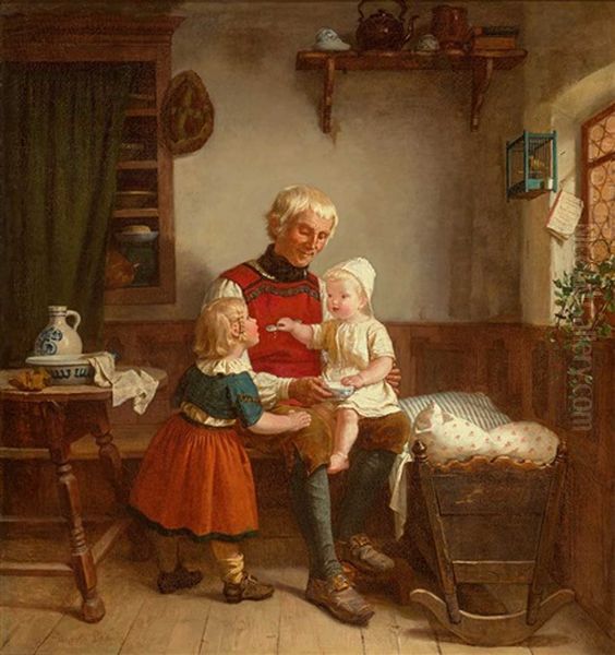 Grosvater Mit Seinen Enkelkindern In Der Stube Mit Wiege, Schragentisch, Steinzeuggeschirr Und Vogelbauer Oil Painting by Auguste Ludwig