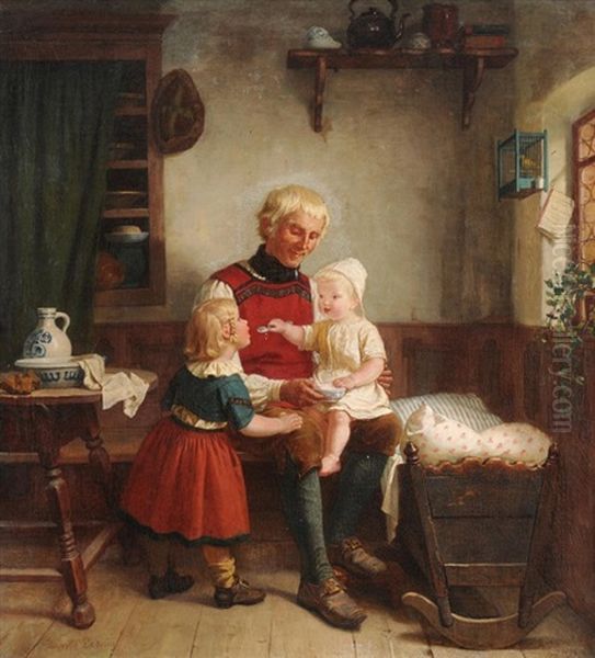 Bauerliches Stubeninterieur Mit Grossvater Und Enkelkindern Oil Painting by Auguste Ludwig