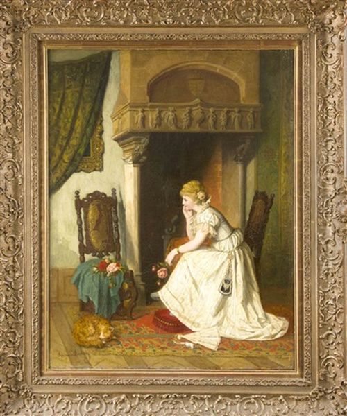 Junge Frau Sitzt Sinnierend Mit Dem Ihr Geschenkten Rosenstrauss Spielend Vor Einem Grosen Kamin Oil Painting by Auguste Ludwig