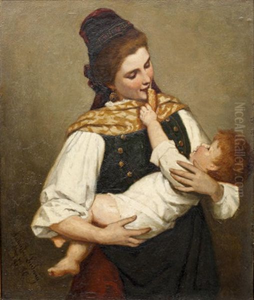 A Crust Of Bread (portrait Of A Mother And Child) Oil Painting by Auguste Ludwig