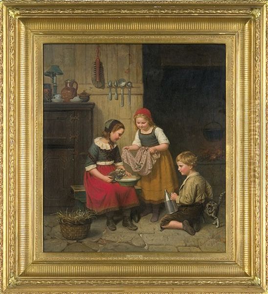 Children And Cats Oil Painting by Auguste Ludwig