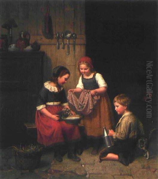 Kinder Spielen Mit Katzen In Einer Kuche Oil Painting by Auguste Ludwig