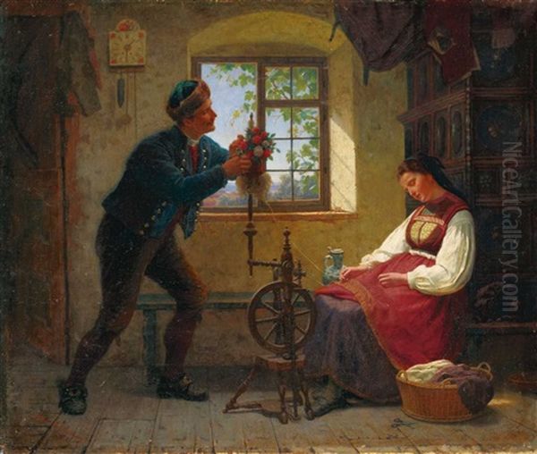 Das Schlafende Bauernmadchen Am Spinnrad Oil Painting by Auguste Ludwig