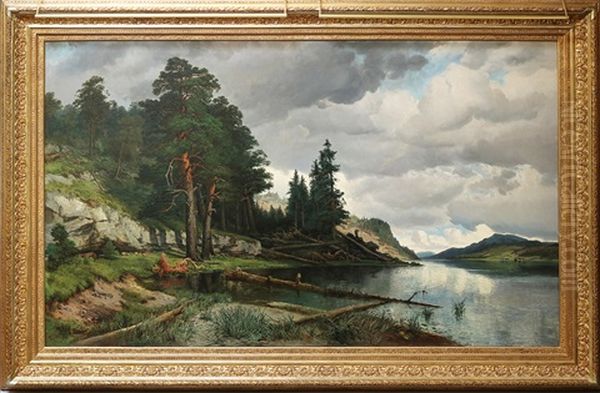 Flusslandschaft Am Waldrand Oil Painting by Carl Julius E. Ludwig