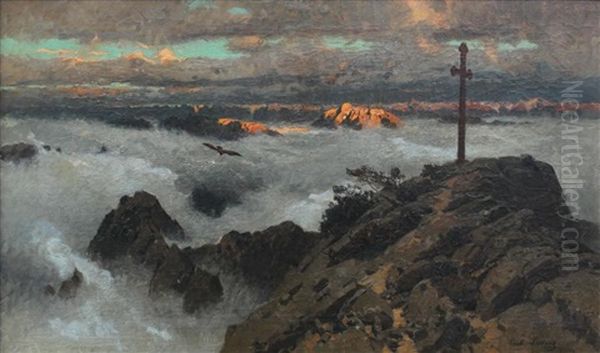 Dramatic View Of Wendelstein Above The Clouds Oil Painting by Carl Julius E. Ludwig