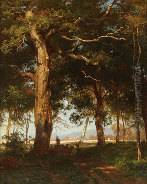 Wooded Landscape With Shepherd And Distant Mountains Oil Painting by Carl Julius E. Ludwig