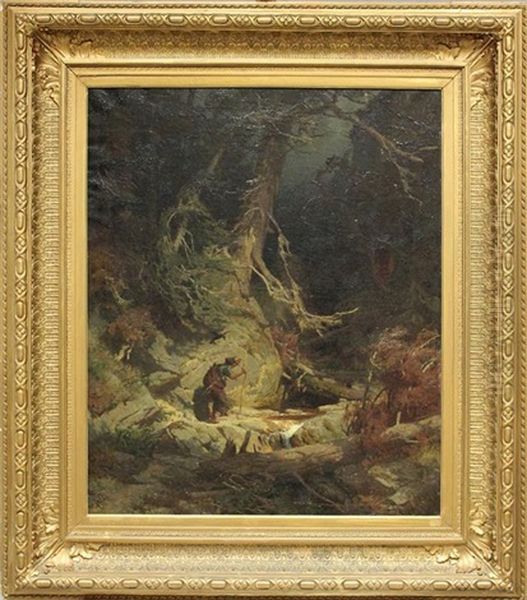 Wanderer In Einer Waldschlucht Oil Painting by Carl Julius E. Ludwig