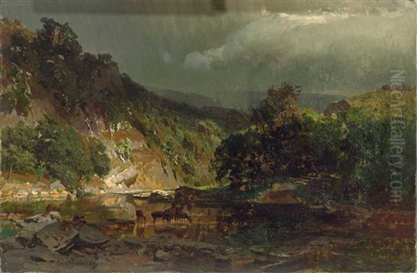 Voralpenlandschaft Mit Malerischem Flusslauf Und Rehen An Der Tranke Oil Painting by Carl Julius E. Ludwig