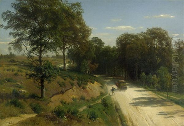 Sommerliche Heidelandschaft Mit Zweispanner Auf Einer Sandstrasse Oil Painting by Carl Julius E. Ludwig