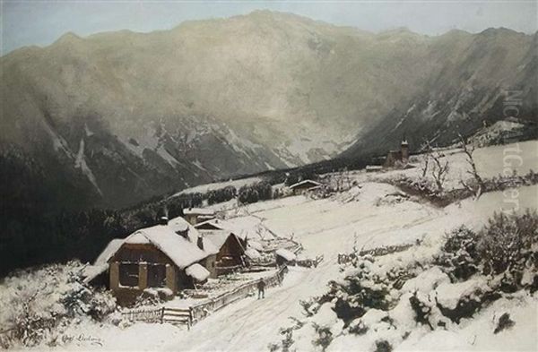 Winter Im Gebirgshof Oil Painting by Carl Julius E. Ludwig