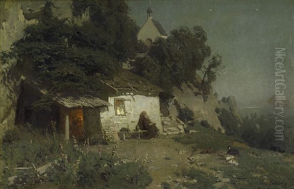 Alter Monch Im Mondschein Vor Seiner Hutte Sitzend Oil Painting by Carl Julius E. Ludwig