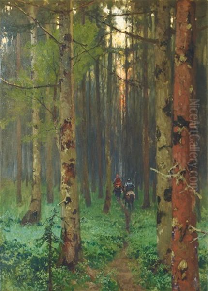 Nightfall In The Forest Oil Painting by Carl Julius E. Ludwig