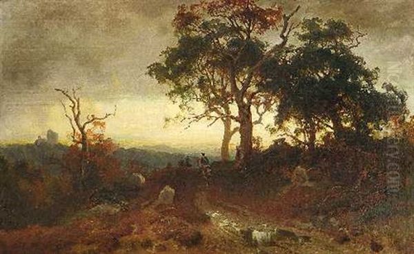 Landschaft Im Abendlicht Mit Reitern Und Hunengrab Oil Painting by Carl Julius E. Ludwig