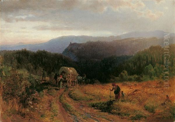 Mittelgebirgslandschaft Mit Einem Pferdefuhrwerk. Gewitterstimmung Oil Painting by Carl Julius E. Ludwig