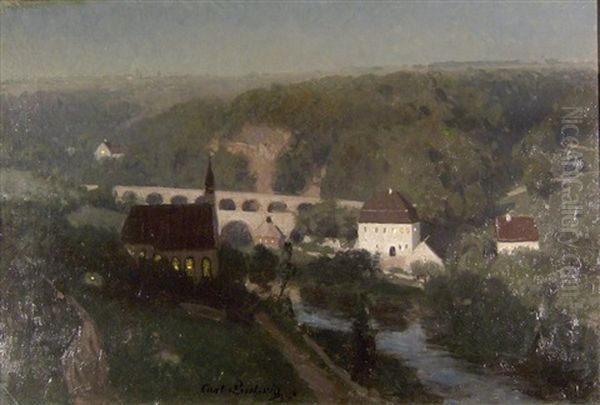 Mitteldeutsche Fluslandschaft Mit Viadukt Oil Painting by Carl Julius E. Ludwig