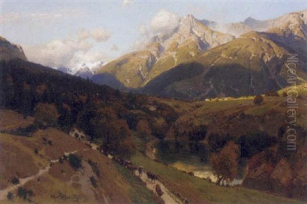 A Swiss Mountain Landscape Oil Painting by Carl Julius E. Ludwig