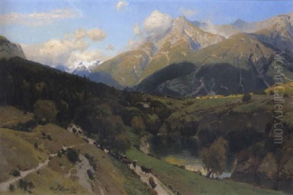 Herbst Im Gadmental, Berner Oberland Oil Painting by Carl Julius E. Ludwig