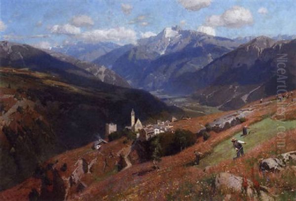 A Summer's Day In The Mountains With Figures Reeping Hay Oil Painting by Carl Julius E. Ludwig