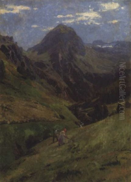 Bauernpaar Bei Der Heuernte Im Hochgebirgstal Oil Painting by Carl Julius E. Ludwig