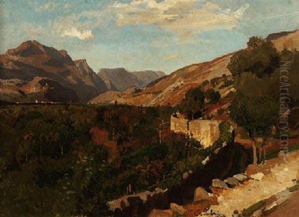 Gebirgslandschaft Bei Torbole In Italien Oil Painting by Carl Julius E. Ludwig