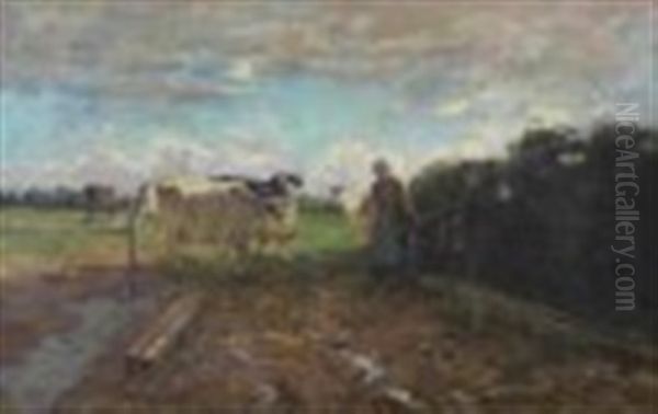 Pastoral Scene With Woman And Cows Oil Painting by Louis Ludwig